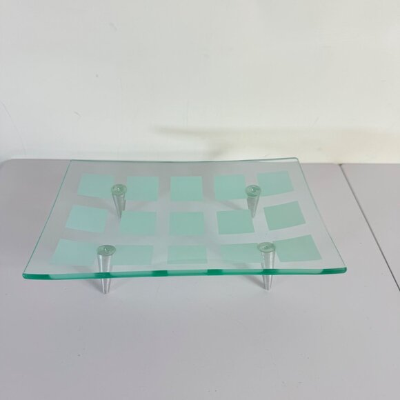 MCM Tray Frosted Glass Atomic Era Grid Pattern Metal Peg Legs VTG 60s Decorative - Picture 10 of 14